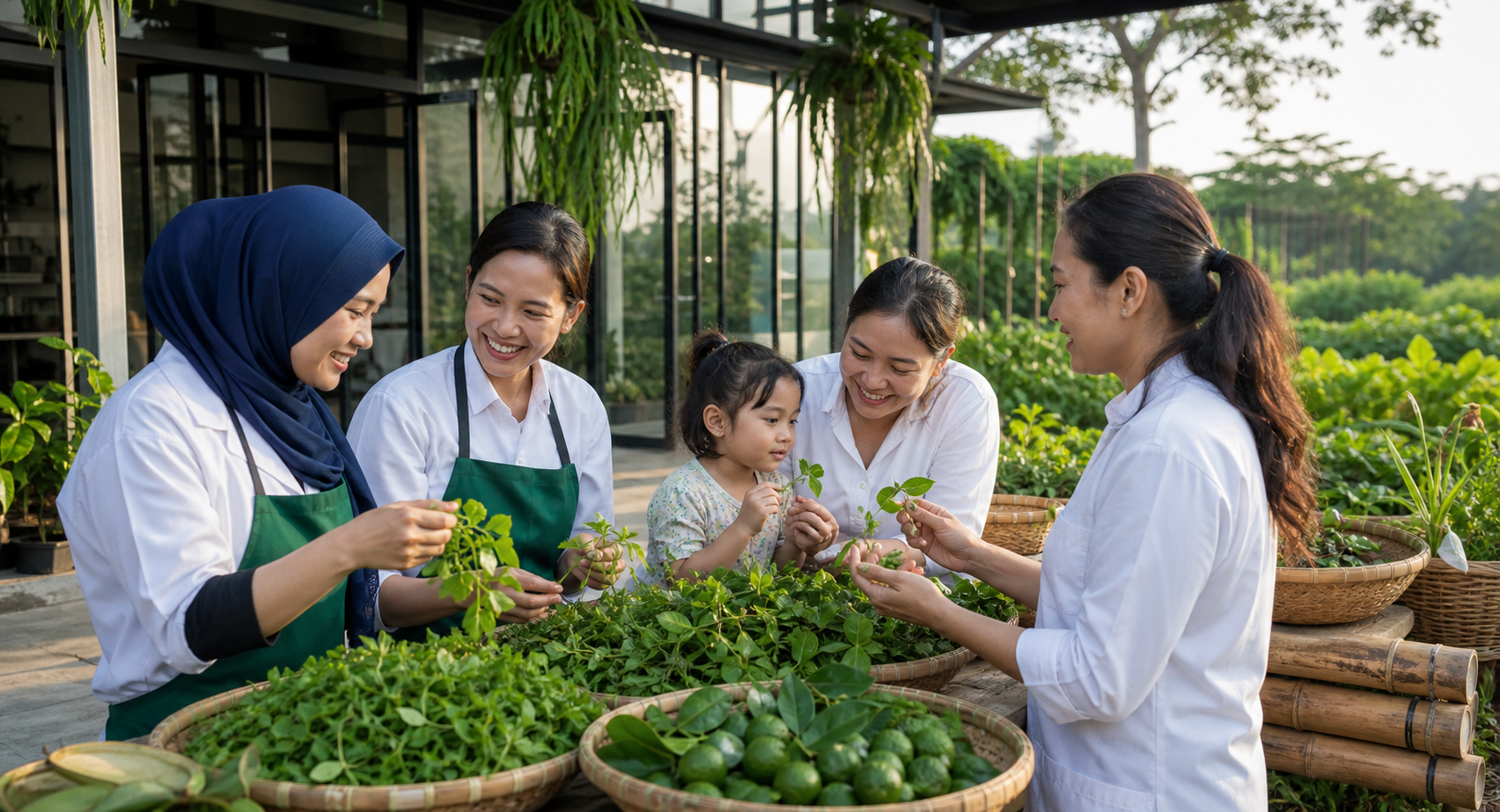 Women learning and harvesting at a modern tropical farm